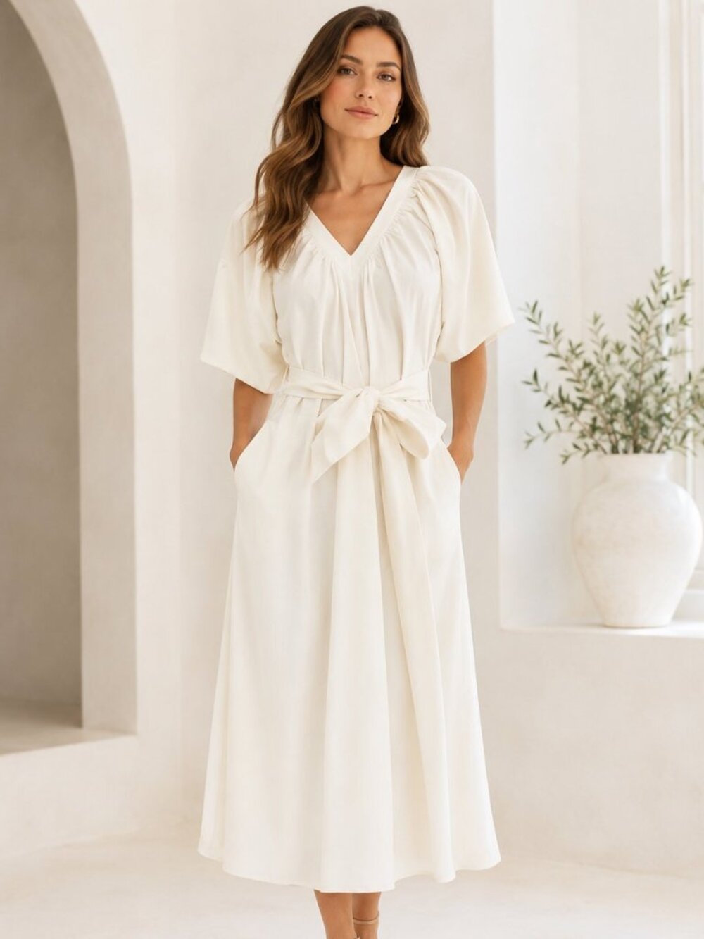 Merlette Lante Midi Dress Oversized Kimono Puff Sleeve Cotton Ivory XS 278285